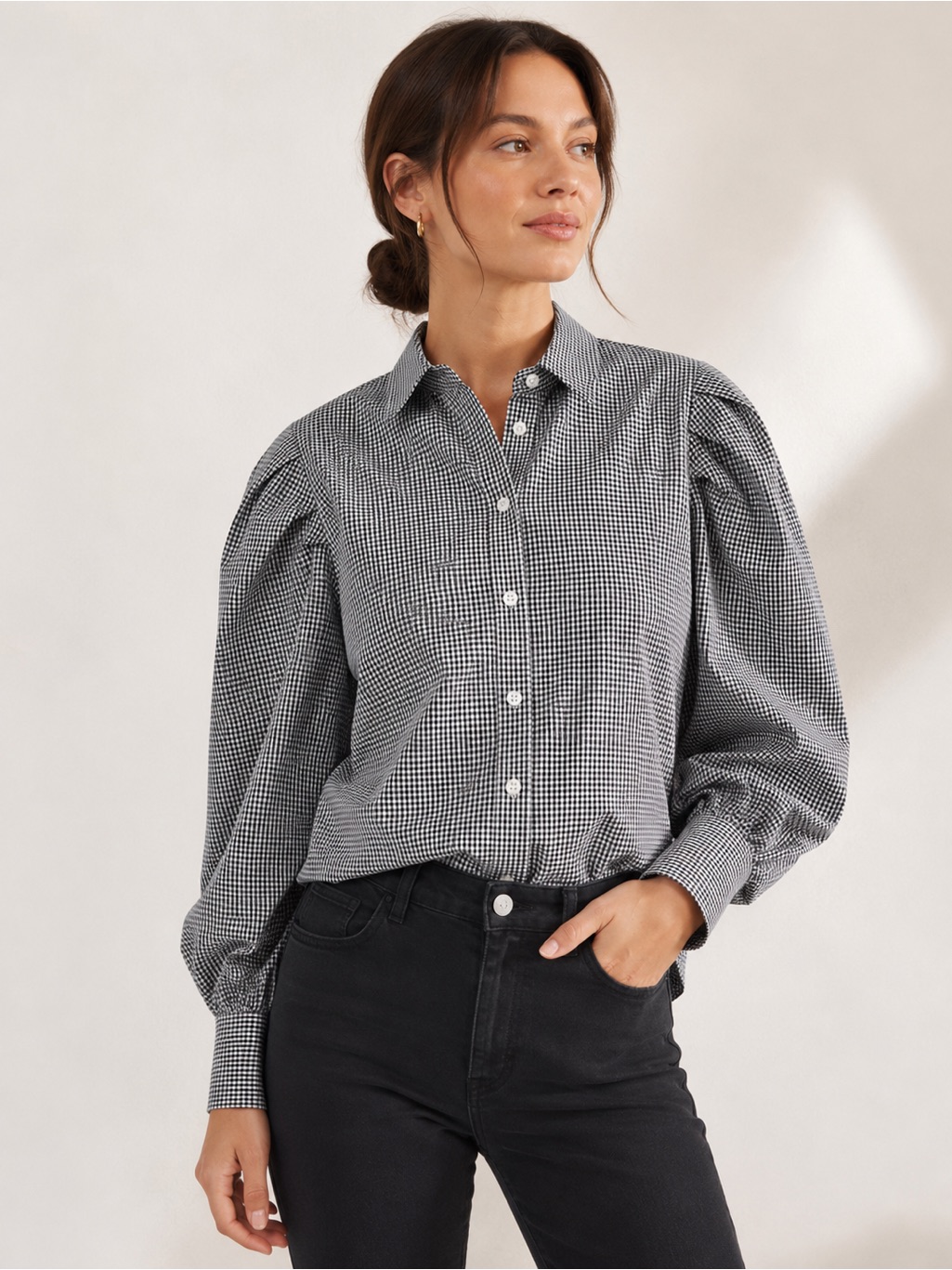 Frame Extreme Gingham Shirt Puff Sleeve Cotton Button Down Black White M $304
